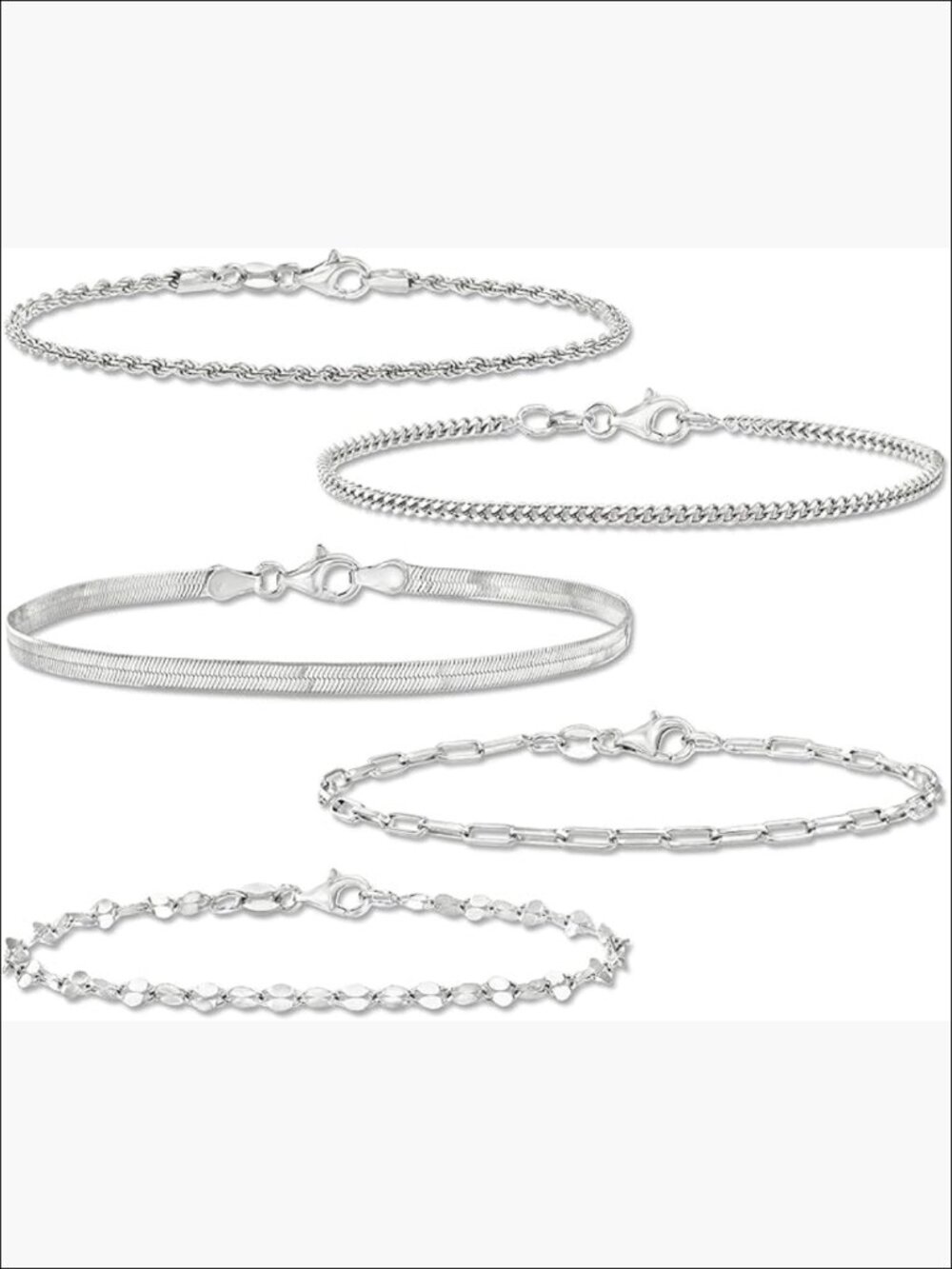 Sterling Silver 5 Chain Bracelet Set, Lobster Clasp, Polished Finish